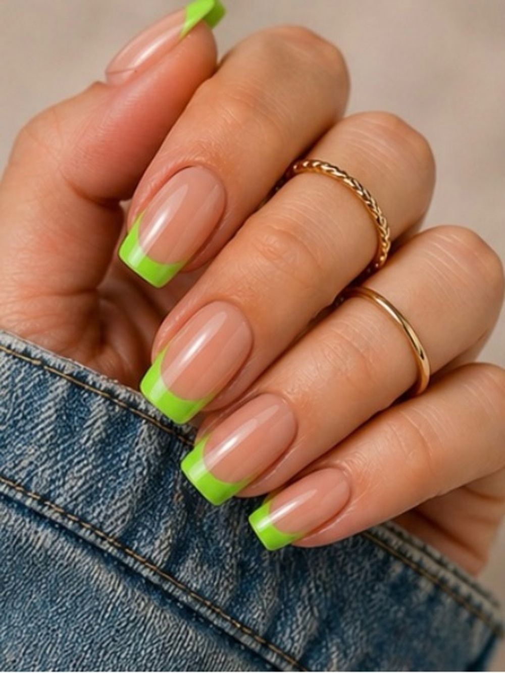 💖 Nude Pink‎ Neon Green French Tip Press On Nails New 24pc Glam Set